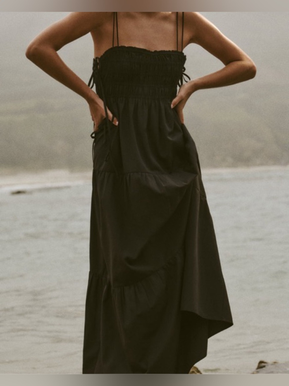 Zara Tiered Poplin Maxi Dress Black Smocked Spaghetti Straps Tiered Bows  Sz XL